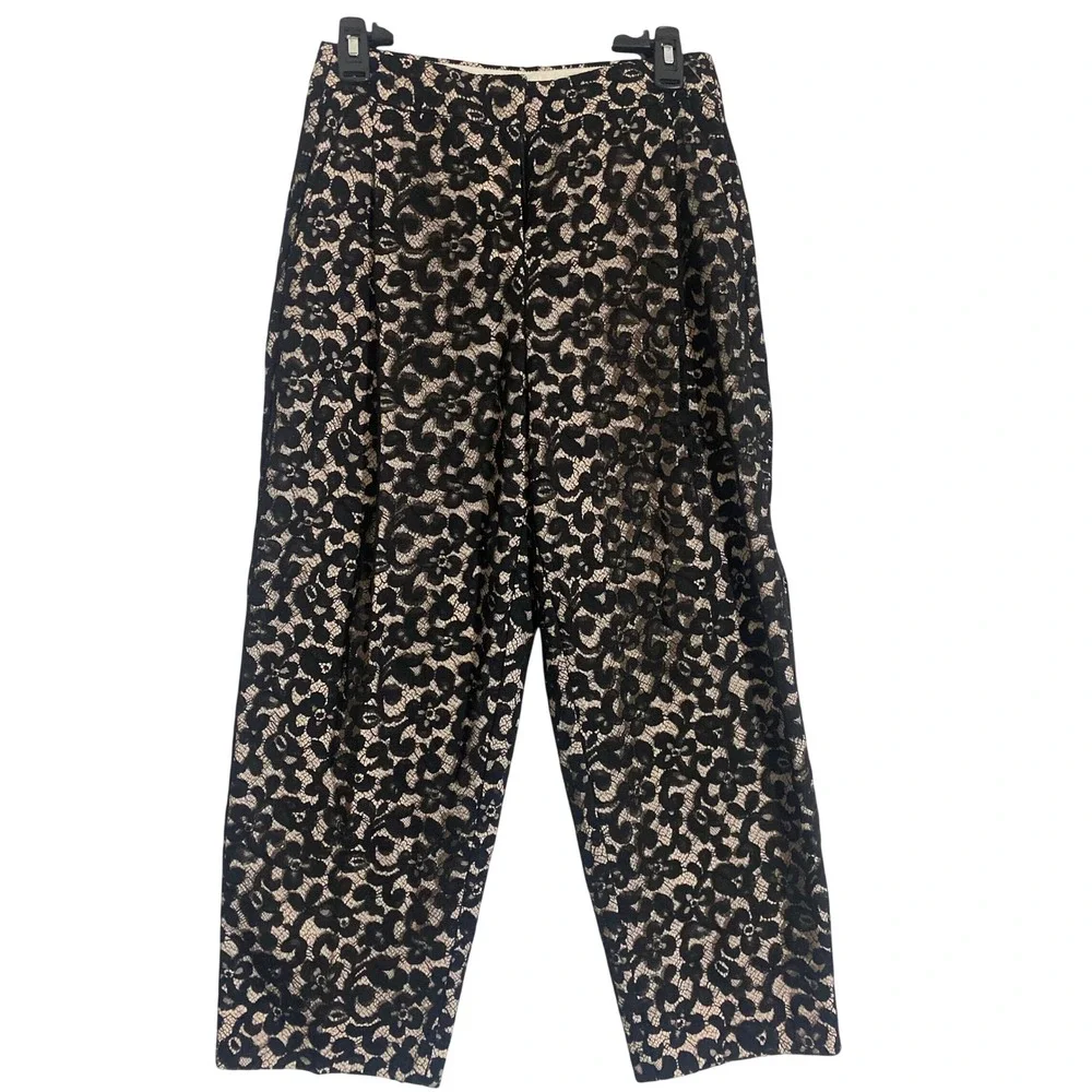 J. Crew Floral Lace Pants Womens 2 Black Excellent Wide Leg Cropped Trousers